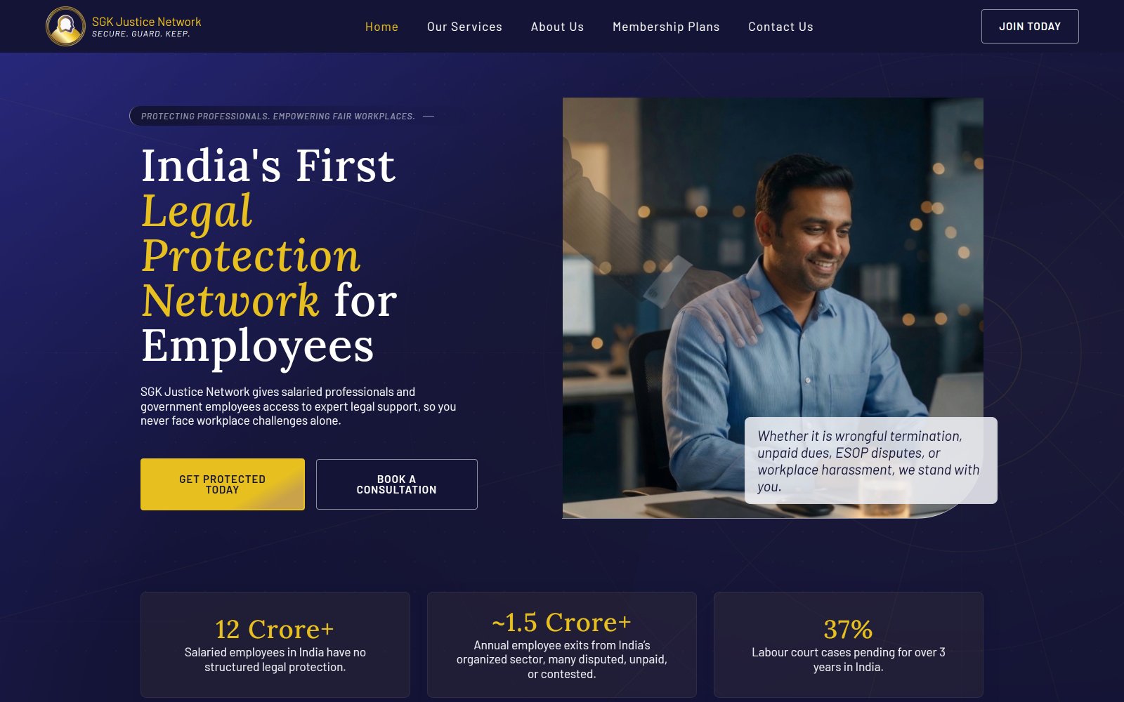 SGK Justice Network — landing hero, navy and gold brand
