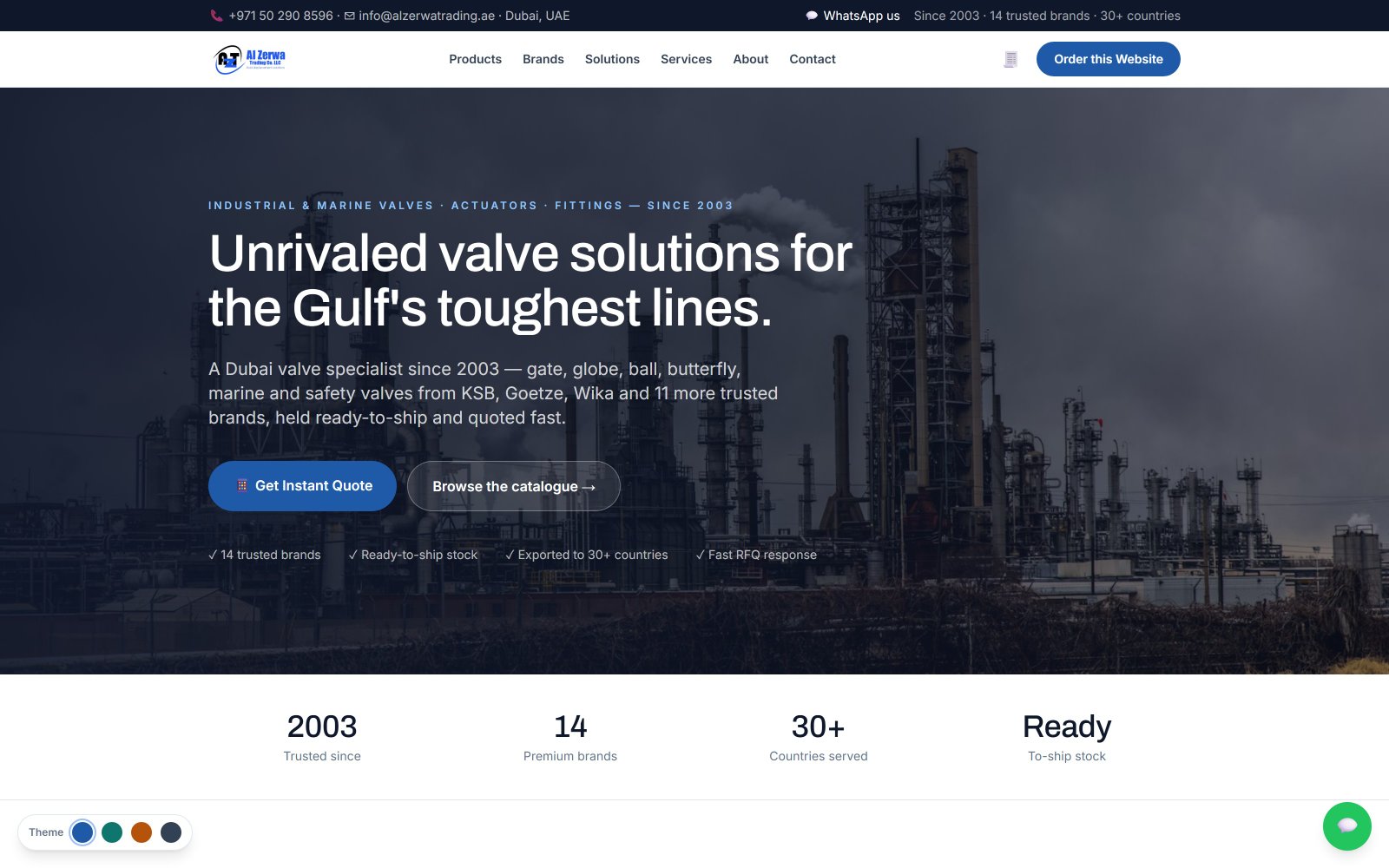 Supplier Site Kit demo — AL Zerwa Trading, a Dubai industrial-valve supplier site generated by the engine